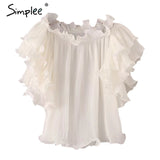 Simplee Ruffle off shoulder chiffon blouse shirt Women elegant pleated summer blouse top tees Female casual white blouse bluasa