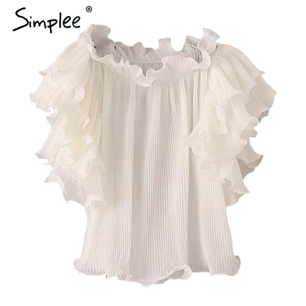 Simplee Ruffle off shoulder chiffon blouse shirt Women elegant pleated summer blouse top tees Female casual white blouse bluasa