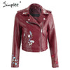 Simplee Embroidery black leather jacket women Zipper motorcycle faux leather coat Winter fashion biker jacket outerwear & coats