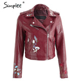 Simplee Embroidery black leather jacket women Zipper motorcycle faux leather coat Winter fashion biker jacket outerwear & coats