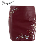 Simplee Vintage embroidery leather skirt women Elegant zipper PU pencil skirt 2017 Autumn fashion streetwear mini skirt