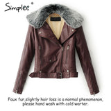 Simplee Fashion fur collar basic jacket coat outerwear coats Streetwear black faux leather coat female PU leather jacket women