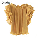 Simplee Ruffle off shoulder chiffon blouse shirt Women elegant pleated summer blouse top tees Female casual white blouse bluasa