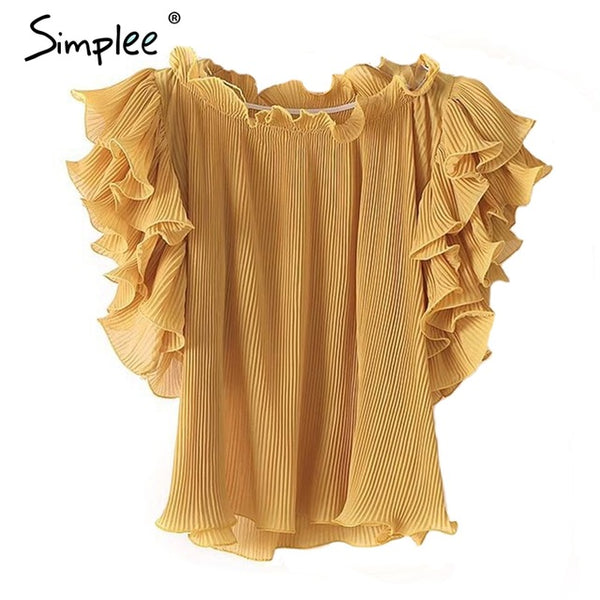Simplee Ruffle off shoulder chiffon blouse shirt Women elegant pleated summer blouse top tees Female casual white blouse bluasa