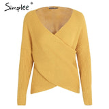 Simplee V neck cross knitting winter sweater women Fashion down sleeve pullover female New 2017 autumn winter casual jumper